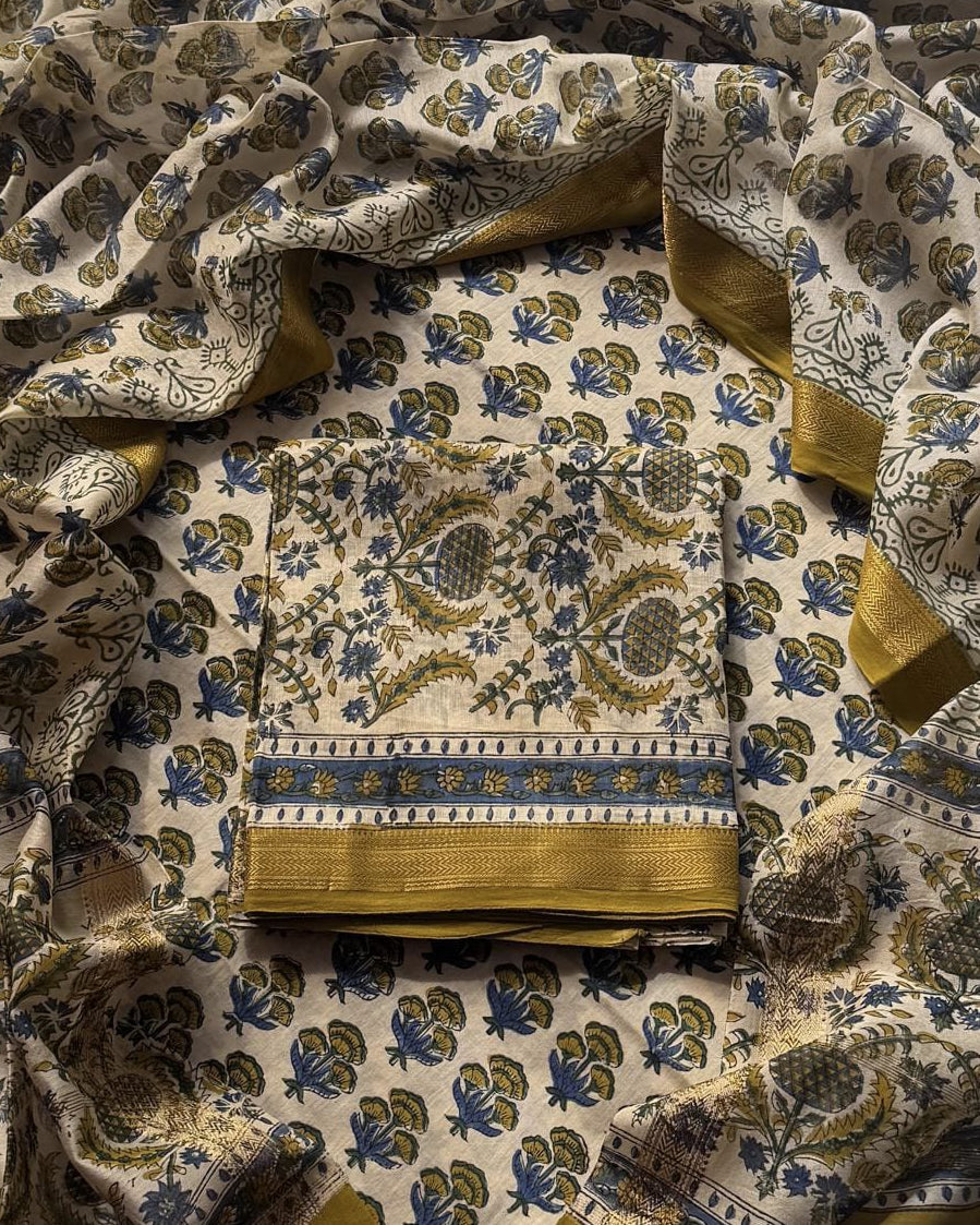 Temple Gold Bagru Floral Jaal Printed Maheshwari Silk Suit Set