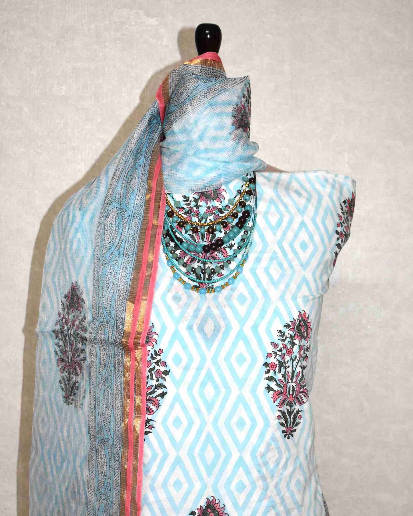 Bagru Hand Block Printed Cotton Suit With Kota Doria Dupatta