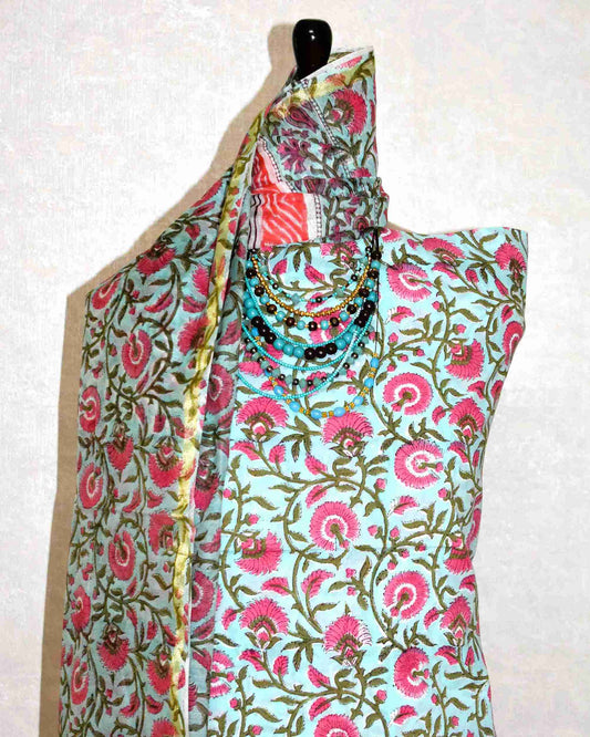 Hand Block Printed Premium Cotton Suit Set with Chanderi Silk Dupatta - Curated Edit