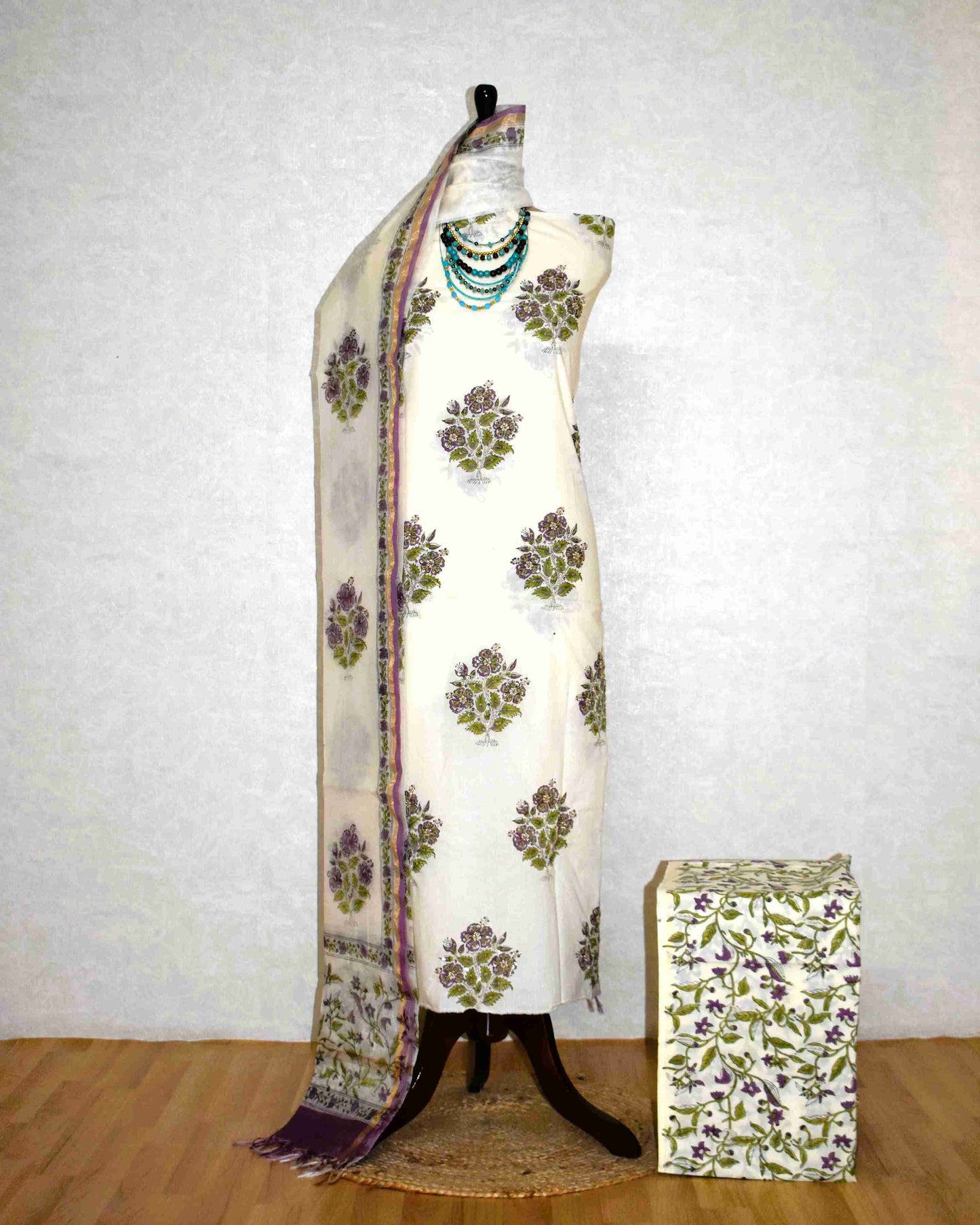 Hand Embroidered and Hand Block Printed Premium Cotton Unstitched Suit with Chanderi Silk Dupatta - Designer Edit