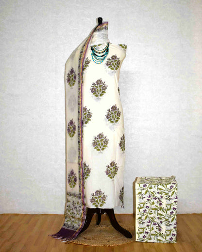 Hand Embroidered and Hand Block Printed Premium Cotton Unstitched Suit with Chanderi Silk Dupatta - Designer Edit