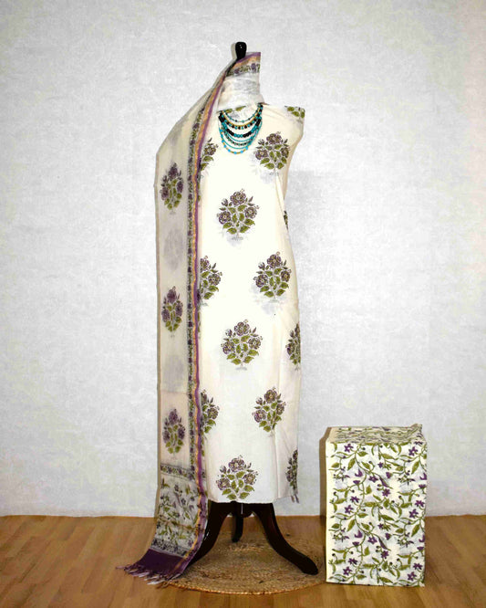 Hand Embroidered and Hand Block Printed Premium Cotton Unstitched Suit with Chanderi Silk Dupatta - Designer Edit