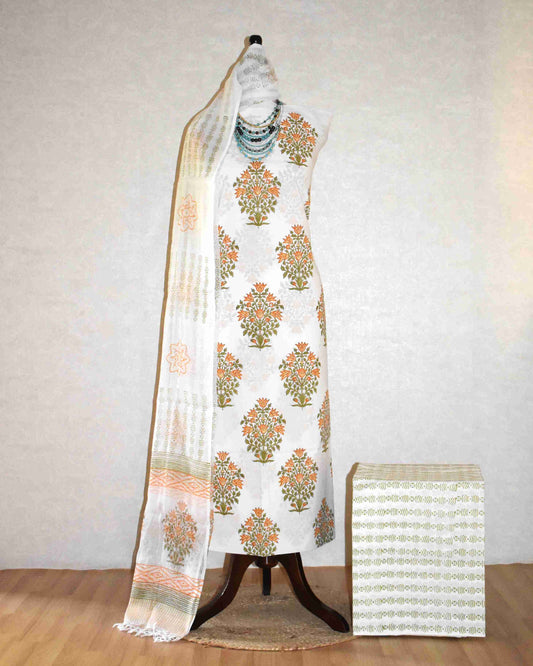 Floral Mughal Buta Hand Block Printed Cotton Suit With Kota Doria Dupatta