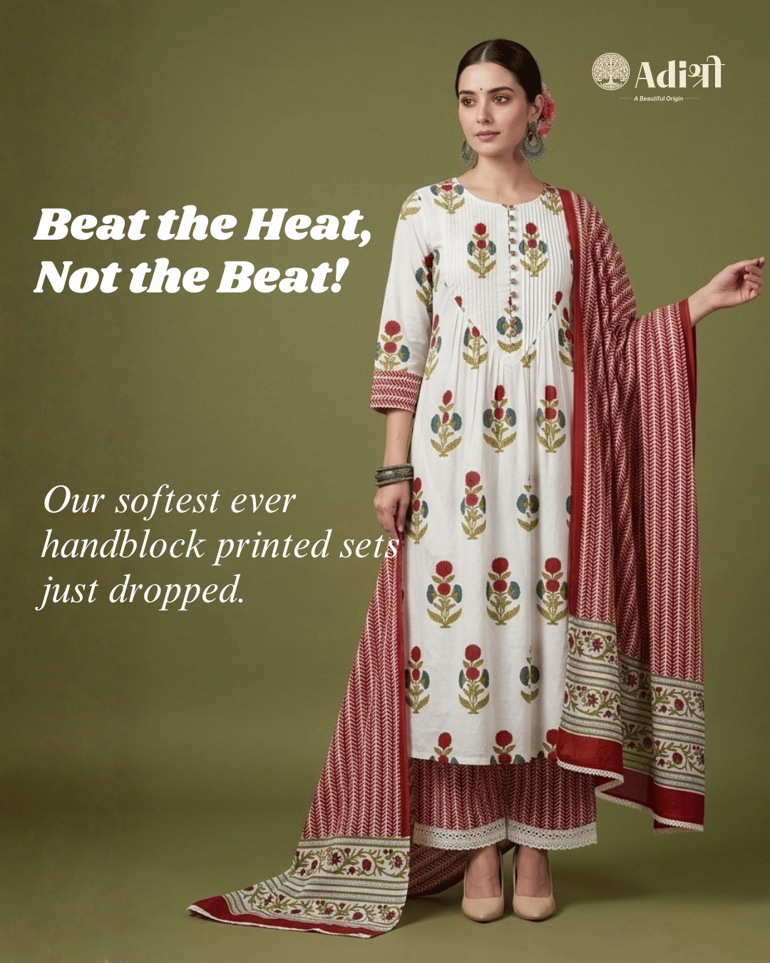 Red Mughal Floral Buta Hand Block Printed Cotton Suit with Malmal Dupatta