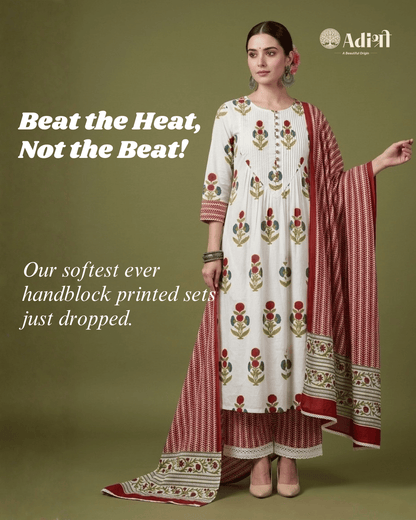 Red Mughal Floral Buta Hand Block Printed Cotton Suit with Malmal Dupatta