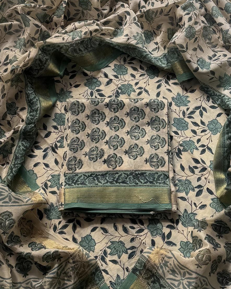 Sage Green Floral Buti Printed Maheshwari Silk Suit Set