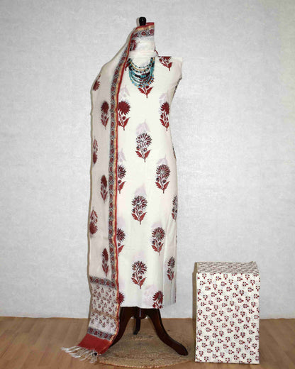 Hand Embroidered and Hand Block Printed Premium Cotton Unstitched Suit with Chanderi Silk Dupatta - Designer Edit