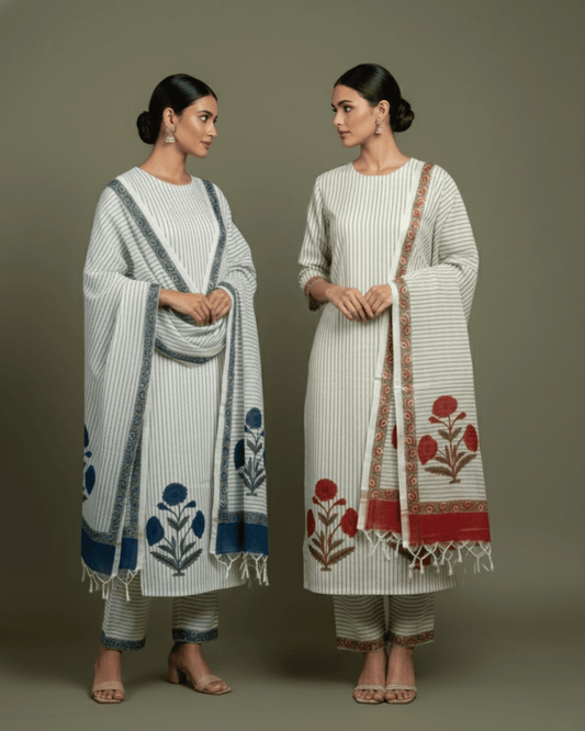 Hand Block Printed Premium Cotton Unstitched Suit with Blue Floral Buta & Kota Doria Dupatta - Curated Edit