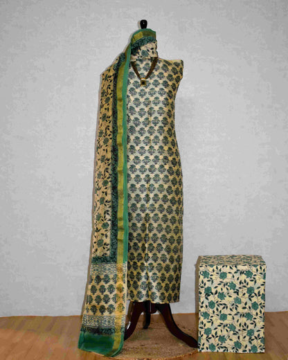 Sage Green Floral Buti Printed Maheshwari Silk Suit Set
