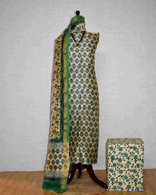 Sage Green Floral Buti Printed Maheshwari Silk Suit Set