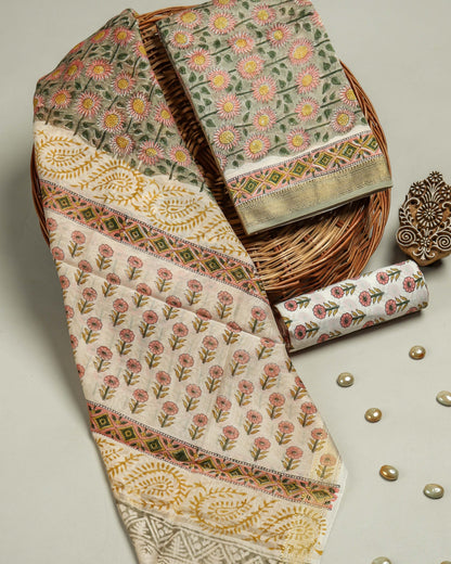 Sanganeri Green- Grey Floral printed Maheshwari Silk Suit Set