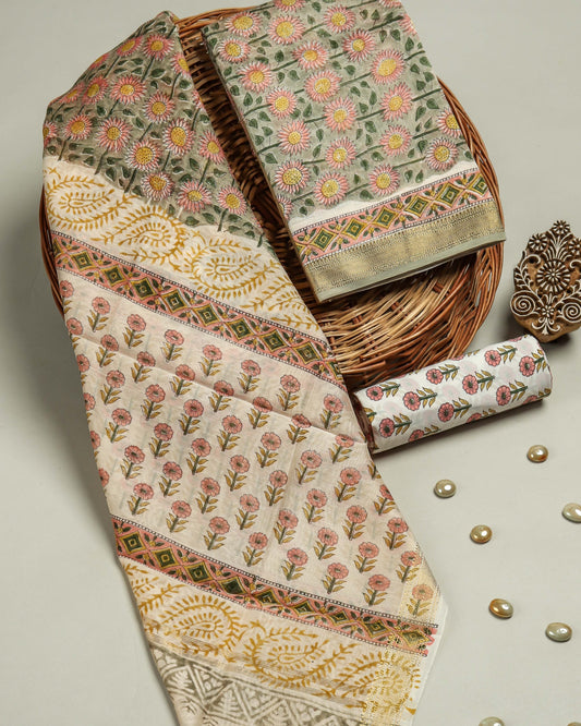 Sanganeri Green- Grey Floral printed Maheshwari Silk Suit Set