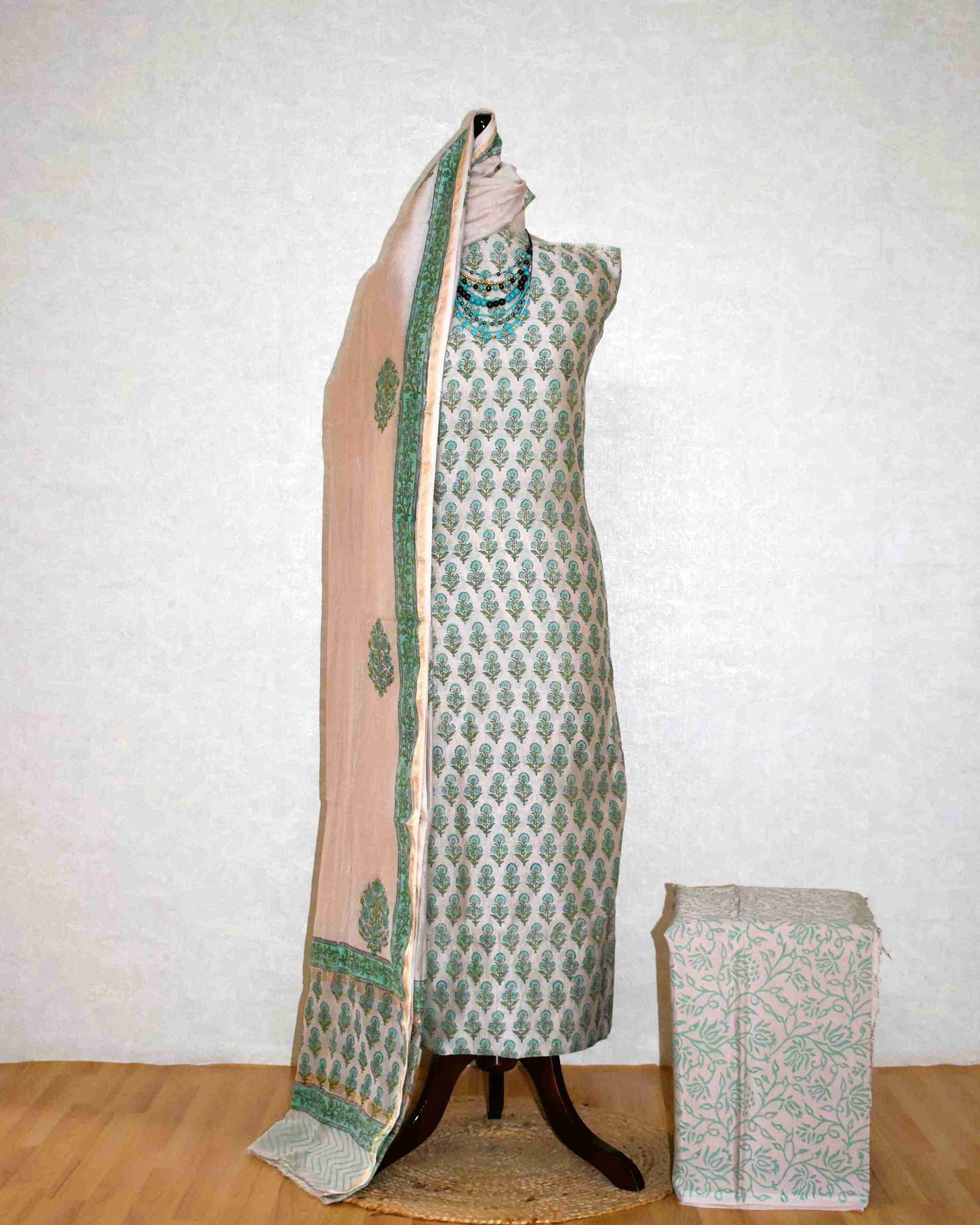 Hand Block Printed Chanderi Silk Suit with Santoon Bottom and Chanderi Silk Dupatta
