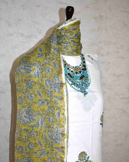 Floral Mughal Buta Hand Block Printed Cotton Suit With Kota Doria Dupatta