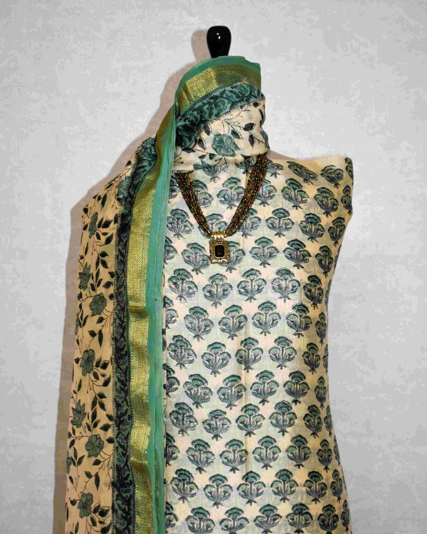 Sage Green Floral Buti Printed Maheshwari Silk Suit Set