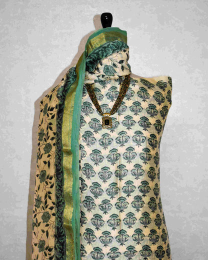 Sage Green Floral Buti Printed Maheshwari Silk Suit Set