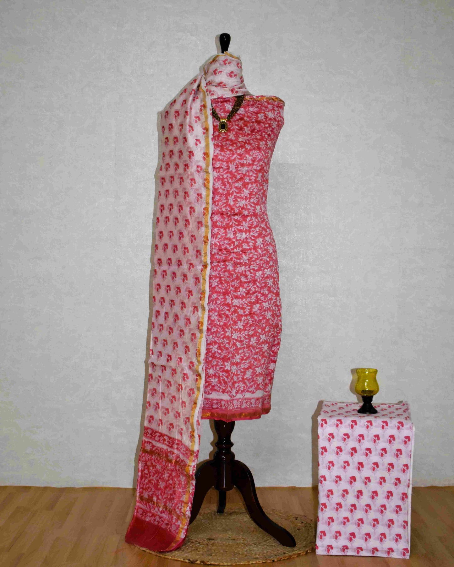 Poppy Pink Chanderi Silk Suit with Sanganeri Floral Jaal Print