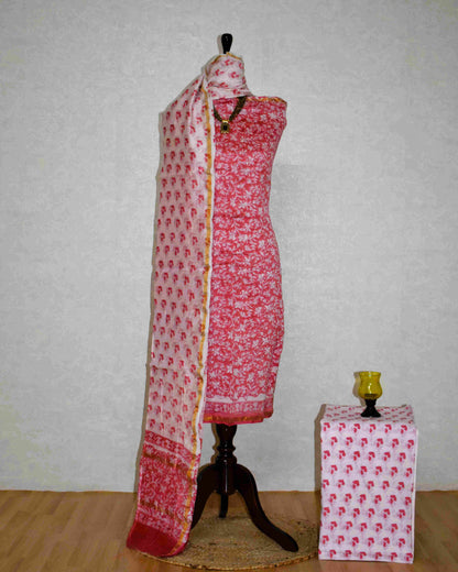 Poppy Pink Chanderi Silk Suit with Sanganeri Floral Jaal Print