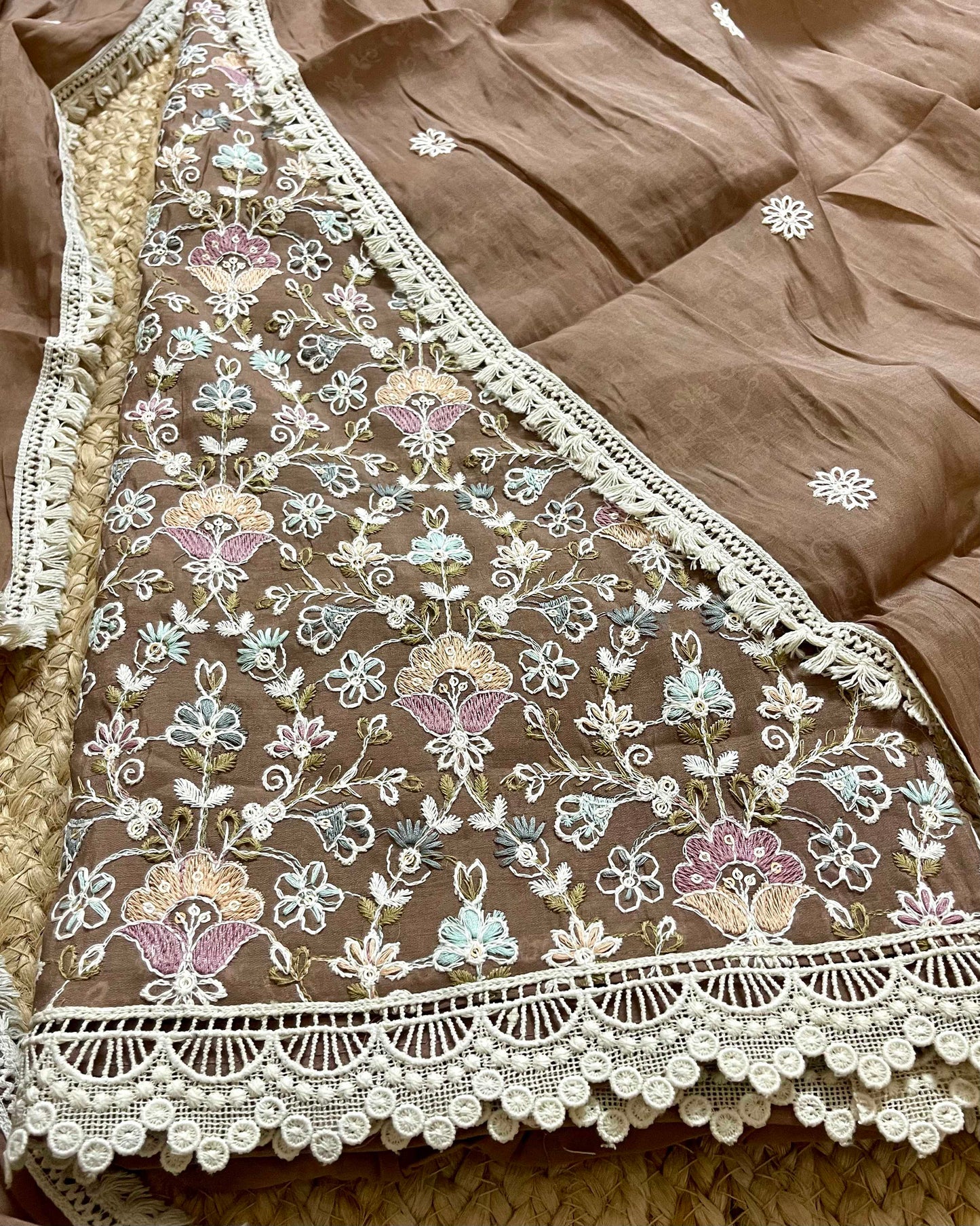 Floral Embroidered Mal Chanderi Unstitched Suit Set with Lace Detailing Coffee
