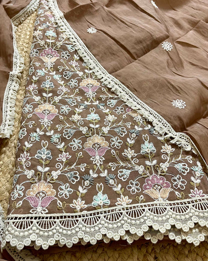 Floral Embroidered Mal Chanderi Unstitched Suit Set with Lace Detailing Coffee
