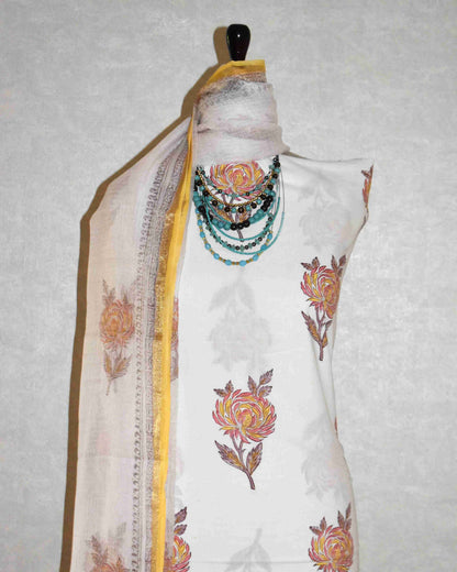 Floral Mughal Buta Hand Block Printed Cotton Suit With Kota Doria Dupatta