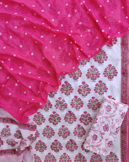 Pink Floral Buta Hand Block All-over Printed Cotton Suit with Bandej Malmal Dupatta