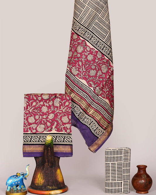 Bagru All-over Floral Jaal Hand Block Printed Maheshwari Silk Suit Set