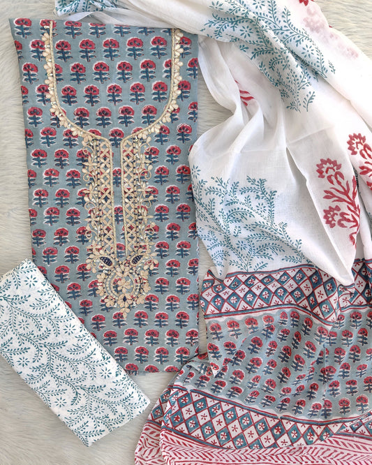 Hand Block Printed Cotton Suit with Gota Patti Hand Embroidery and Soft Malmal Dupatta