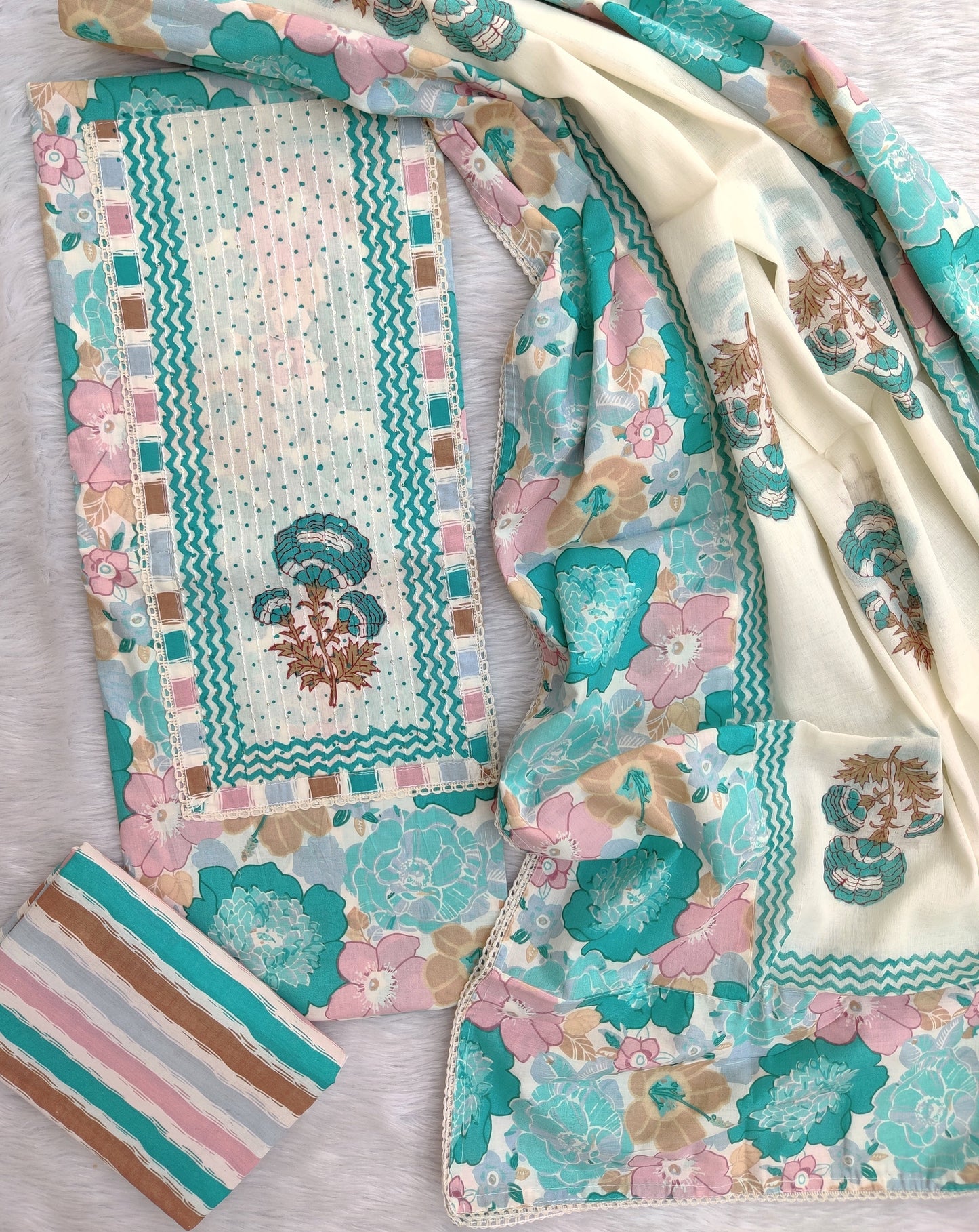 Hand Block Printed Cotton Suit with Elegant Neckwork and Soft Malmal Dupatta