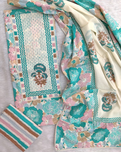 Hand Block Printed Cotton Suit with Elegant Neckwork and Soft Malmal Dupatta
