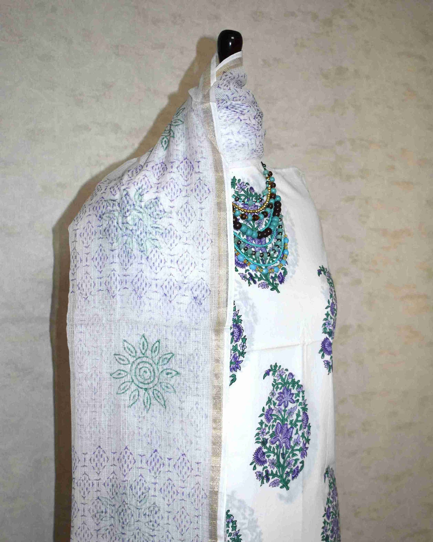 Floral Mughal Buta Hand Block Printed Cotton Suit With Kota Doria Dupatta