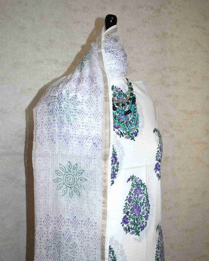 Floral Mughal Buta Hand Block Printed Cotton Suit With Kota Doria Dupatta