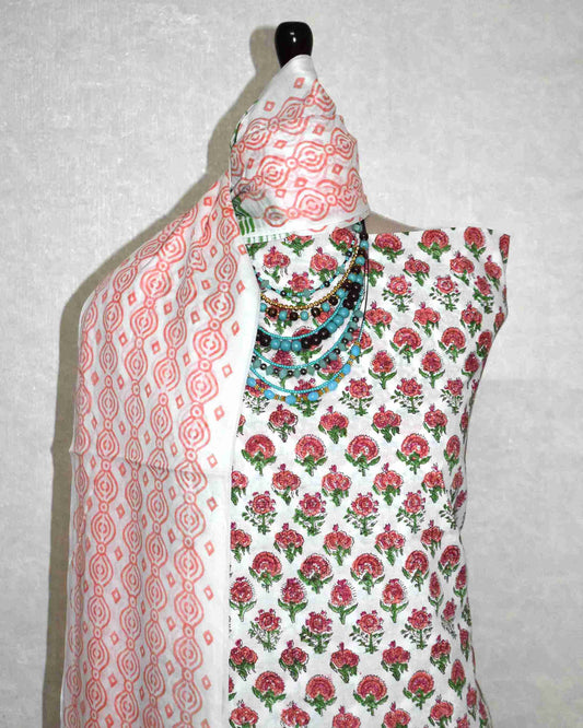 Sanganeri Hand Block Printed Unstitched Cotton Suit Set with malmal dupatta