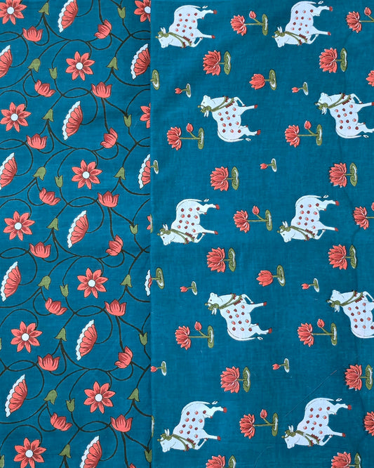 Green-Blue Pichwai Jaipuri Block Printed Cotton Combo Set