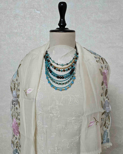 Ivory Bloom Embroidered Mal Chanderi Suit Set with Scalloped Dupatta