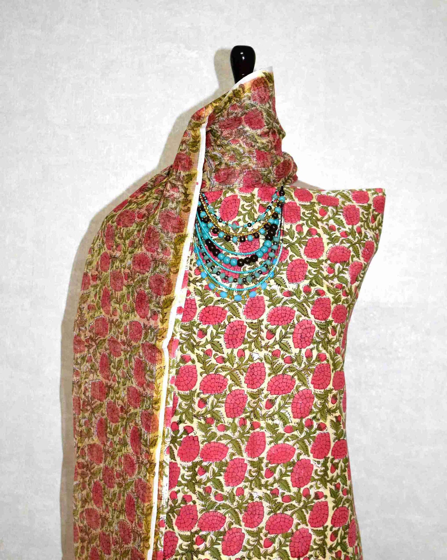 Hand Block Printed Premium Cotton Suit Set with Kota Doria Dupatta - Curated Edit