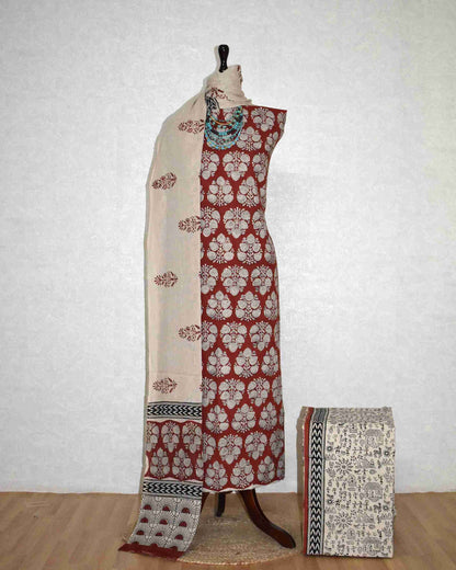 Bagru Hand Block Printed Unstitched Cotton Suit Set with malmal dupatta