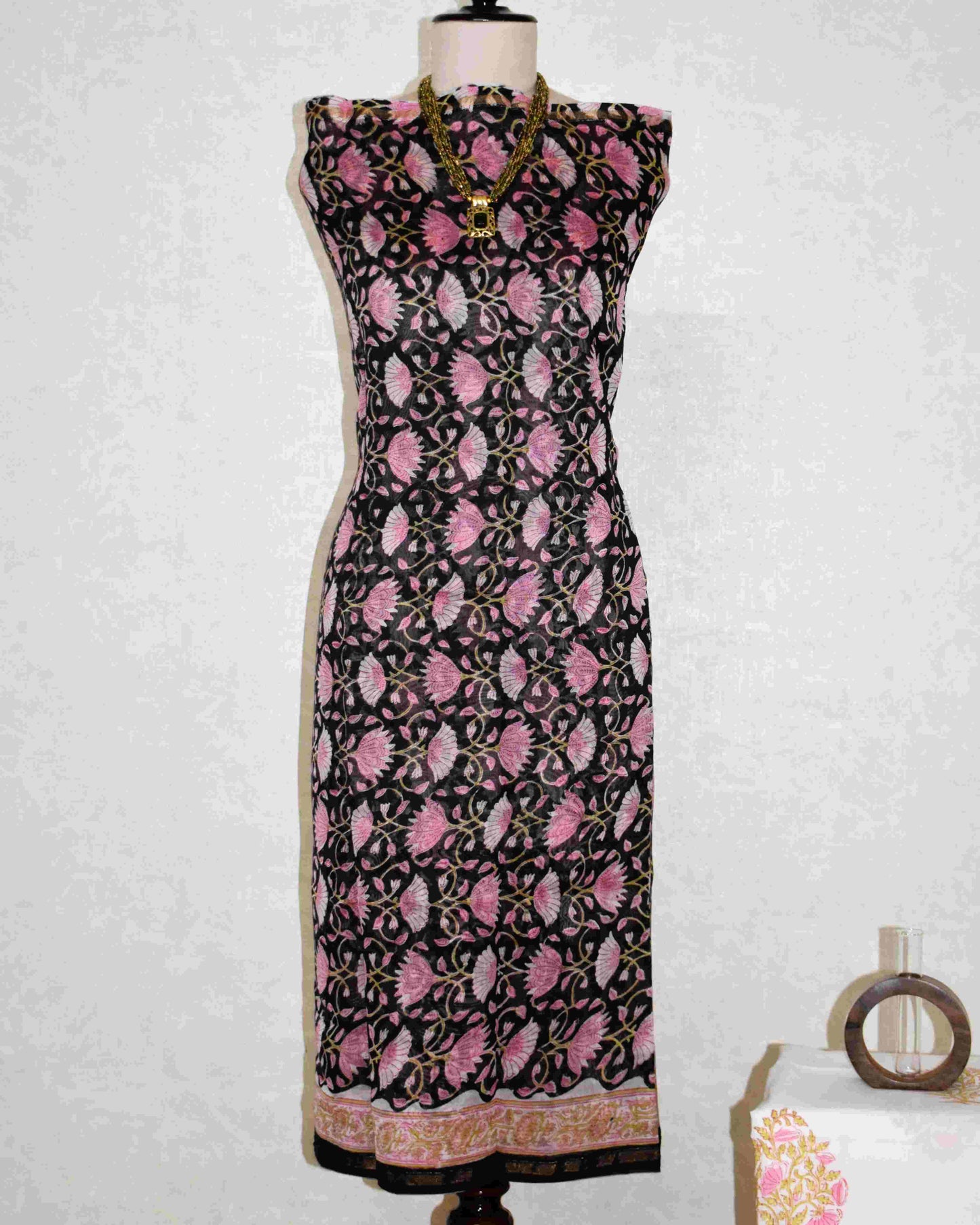 Black Chanderi Silk Suit with Sanganeri Floral Jaal Print