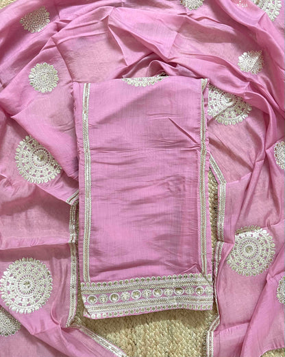 Designer Mal Chanderi Embroidered 3-Piece Suit Set (Blush Pink)