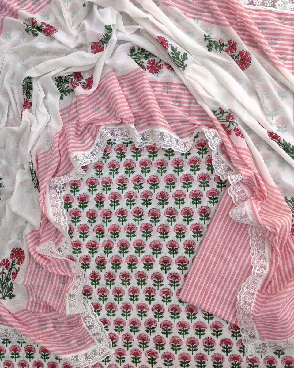 Pink Floral Buti Hand Block Printed Cotton Suit with Crochet Lace Work and Malmal Dupatta