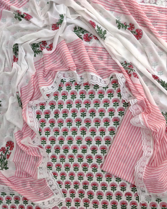 Pink Floral Buti Hand Block Printed Cotton Suit with Crochet Lace Work and Malmal Dupatta