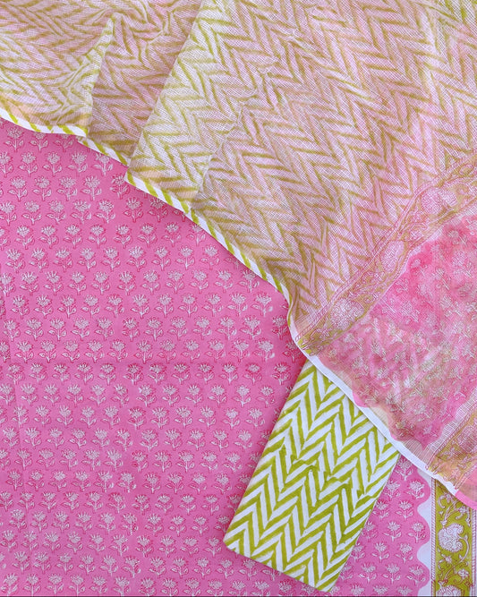 Bright Pink Hand Block Printed Cotton Suit With Kota Doria Dupatta