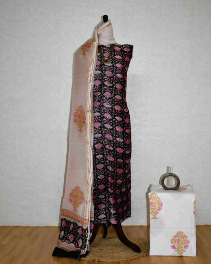 Black Chanderi Silk Suit with Sanganeri Floral Jaal Print