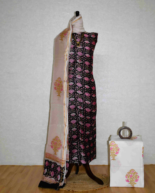 Black Chanderi Silk Suit with Sanganeri Floral Jaal Print