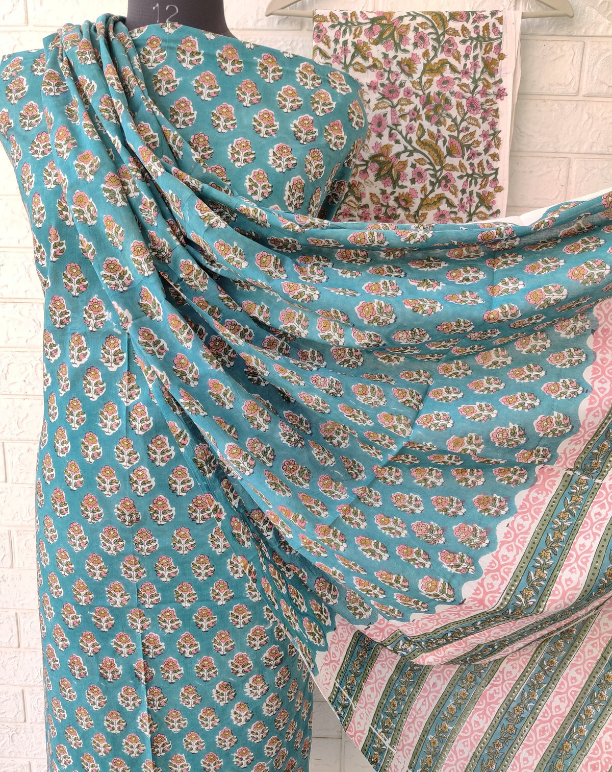 Blue Floral Buti Buti Hand Block Printed Cotton Suit with Malmal Dupatta