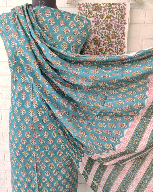 Blue Floral Buti Buti Hand Block Printed Cotton Suit with Malmal Dupatta