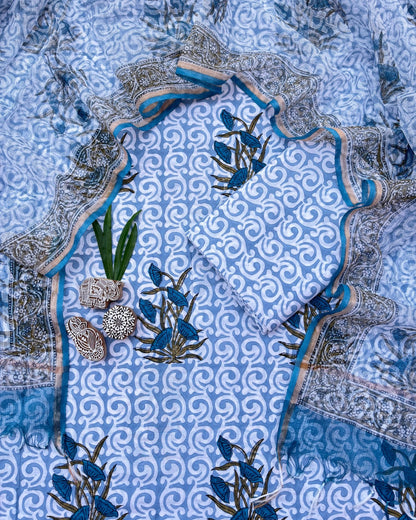 Bagru Hand Block Printed Cotton Suit With Kota Doria Dupatta