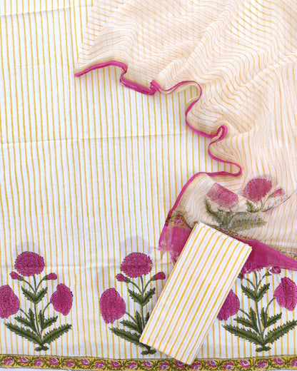 Hand Block Printed Premium Cotton Unstitched Suit with Pink Floral Buta & Kota Doria Dupatta - Curated Edit