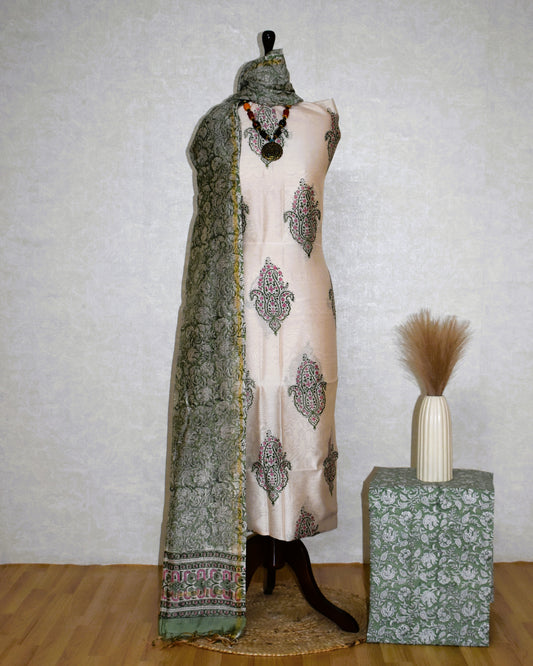 Timeless Chanderi Silk Suit with Floral Paisley Buta Hand Block Print