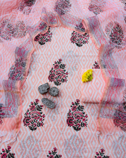 Bagru Hand Block Printed Cotton Suit With Kota Doria Dupatta
